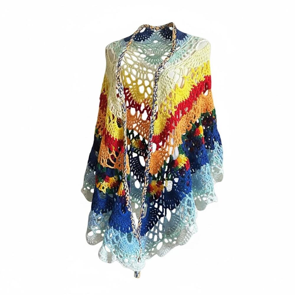Handmade Crochet Shawl Rainbow Lace Wrap Boho Festival Colorful Open Knit Shawl - Picture 4 of 11